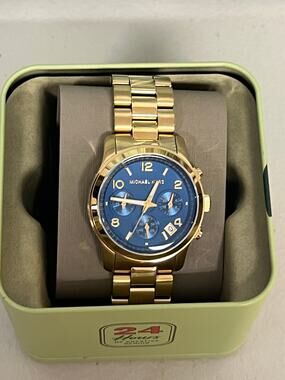 Michael Kors MK7353 Runway Ladies Gold Chronograph 38mm Blue Steel Watch